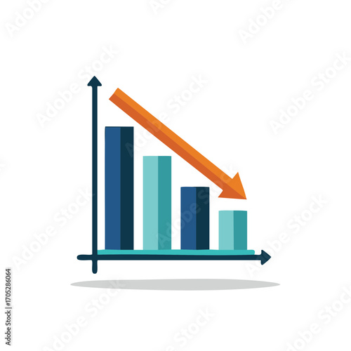 Bar chart showing financial downturn with descending orange arrow and data bars