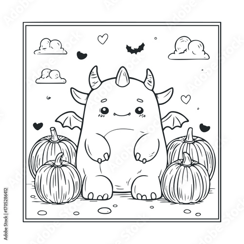 A cute monster with horns, wings, and pumpkins.