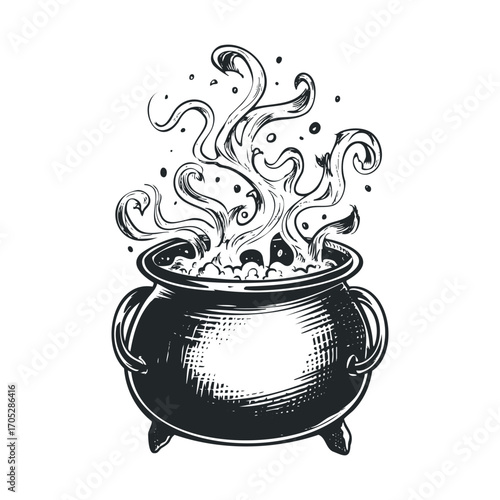 A spooky cauldron bubbling with a steaming concoction.