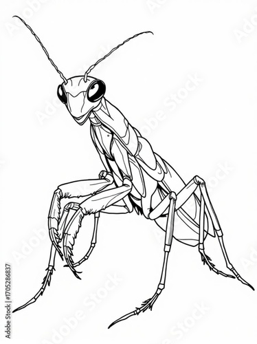 Minimilist detailed line art illustration of a praying mantis with prominent antennae and grasping forelimbs ready vector
