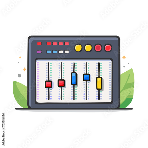 Whimsical Cartoon Style Audio Mixer Console with Colorful Faders and Controls for Music Production