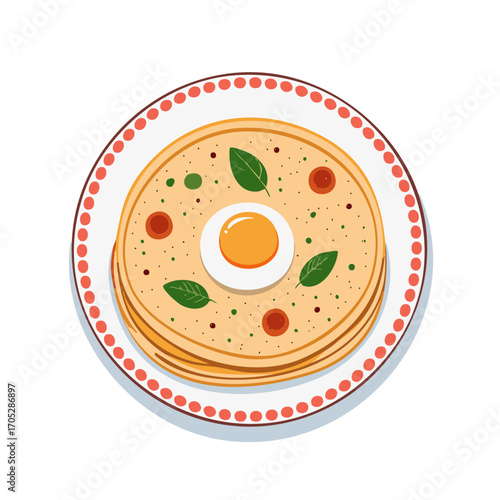 Illustrated breakfast dish with fried egg, basil leaves and seasoning on a plate