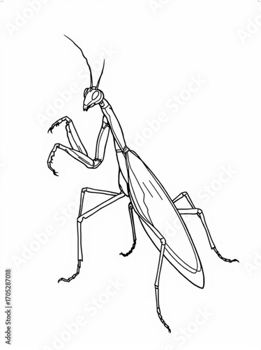 Minimilist detailed line art illustration of a praying mantis insect standing upright with its forelegs raised vector