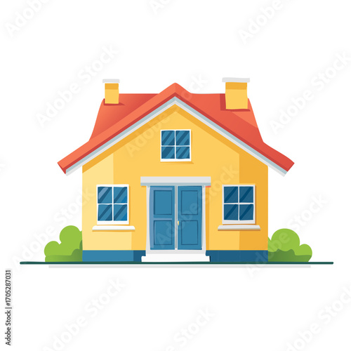 Colorful cartoon house illustration with yellow walls, red roof, blue doors and windows, a simple home design.