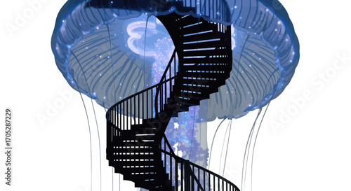 Whimsical ascent spiral staircase nestled within a luminous jellyfish fantasy illustration
