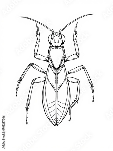 Minimilist detailed line drawing of a water bug showing its antennae legs and body segments on a white background vector
