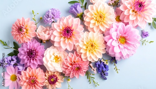 Pastel floral arrangement on light blue background