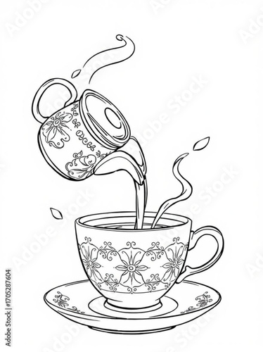 Minimilist illustration of a patterned teapot pouring liquid into a patterned teacup on a saucer with steam rising vector