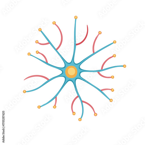 Neuron cell illustration with axons and dendrites on white background