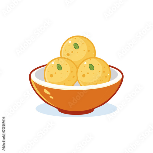 Delicious Sweet Balls in Bowl, Indian Cuisine Dessert Treat with Garnish in Minimalist Style Graphic Illustration