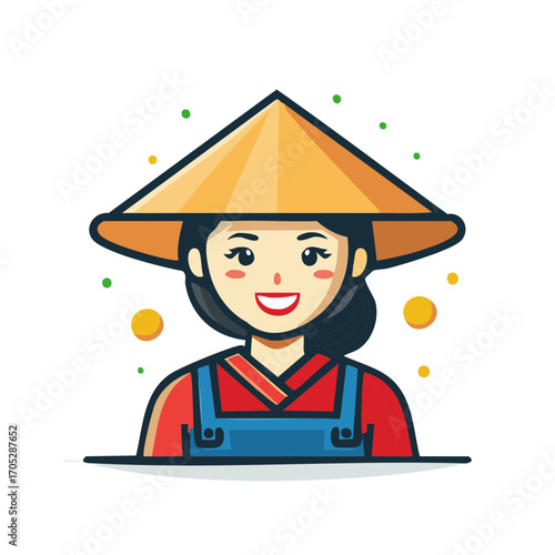 Cheerful woman wearing traditional Asian conical hat and blue overalls friendly character illustration