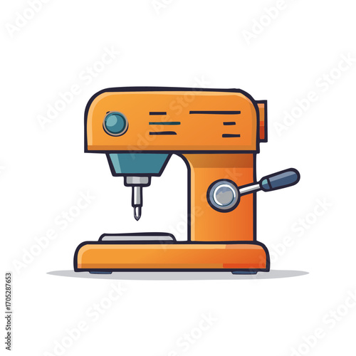 Orange coffee machine illustration with outlines; appliance with lever and drip, simple design for coffee preparations