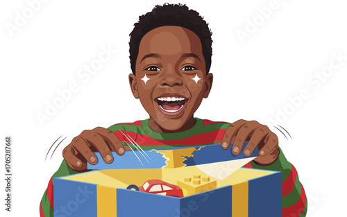 Joyful Child Opening a Gift Box Filled with Toys.
