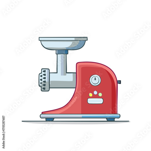 Vibrant red electric meat grinder kitchen appliance for food preparation illustration