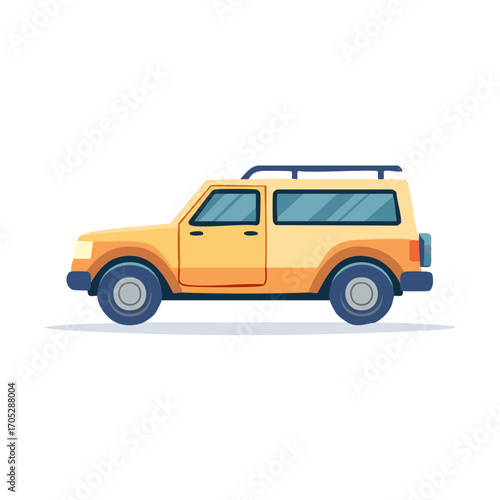 Yellow off-road vehicle with roof rack and spare tire on a white background