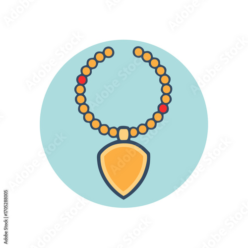 Stylized bead necklace with shield pendant in gold and red on blue backdrop