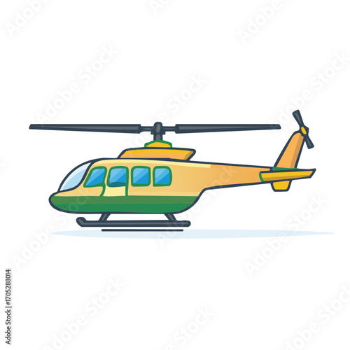 Stylized yellow and green cartoon helicopter, a clean vector illustration for air transport.