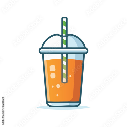 Fresh Orange Juice Drink in a Transparent Plastic Cup with Striped Straw