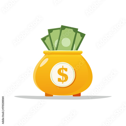 Golden money pot full of dollar bills, wealth and financial savings concept