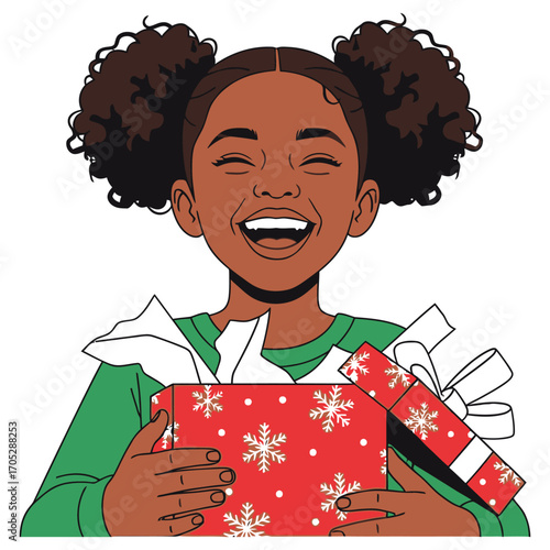 Joyful Girl Reveals Christmas Gift Box with Snowflake Pattern and Bow.