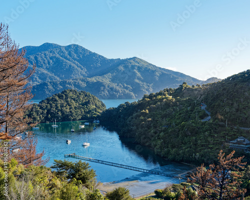 A boat jetty at Ngakuta Bay viewed from the Link Pathway on the Queen Charlotte Sound, the Marlborough Sounds, New Zealand.