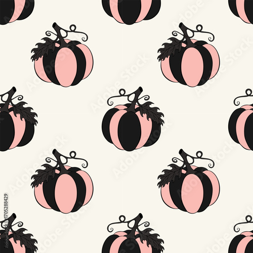 Pattern with hand drawn Halloween striped pumpkins, pink and dark grey. On creamy beige background.
