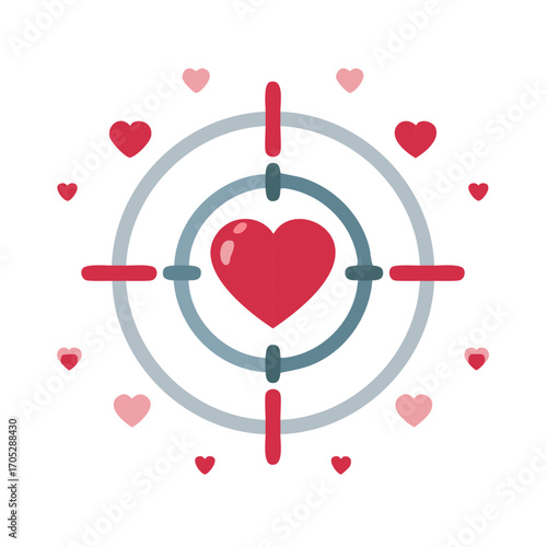 Red heart target design, aiming for love and affection with crosshair and scattered hearts decoration concept