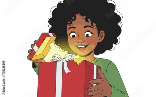 Child Opens Gift Box with Radiant Light Inside.