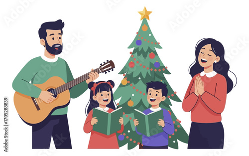 Family Christmas Carol Singalong with Guitar and Decorated Tree.