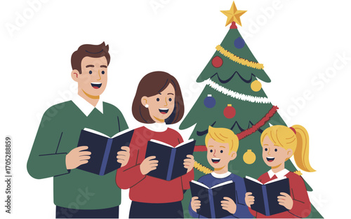 Family Singing Christmas Carols Together Beside Decorated Festive Tree.