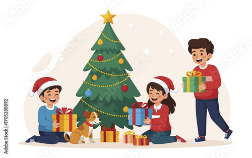 Festive Christmas Celebration with Children and a Dog.