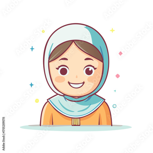 Cartoon Muslim Girl with Hijab Smiling Surrounded by Colorful Stars and Shapes in a Vector Illustration