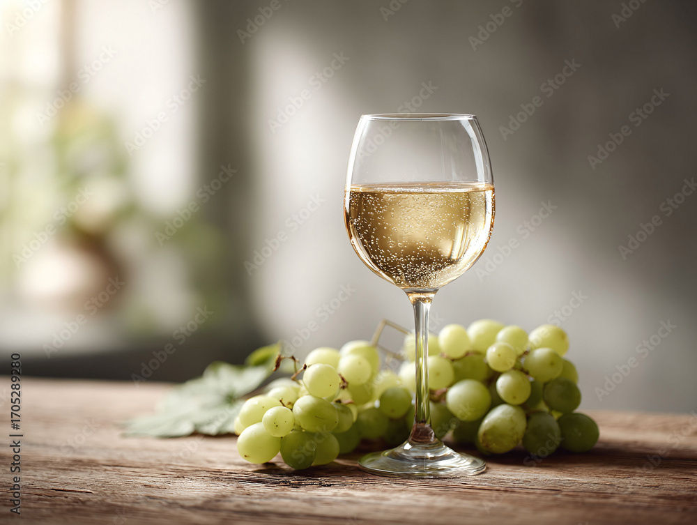 Fototapeta premium Elegant still life of chilled white wine in a glass, paired with fresh grapes on rustic wood. Evokes relaxation, celebration, and the art of winemaking.