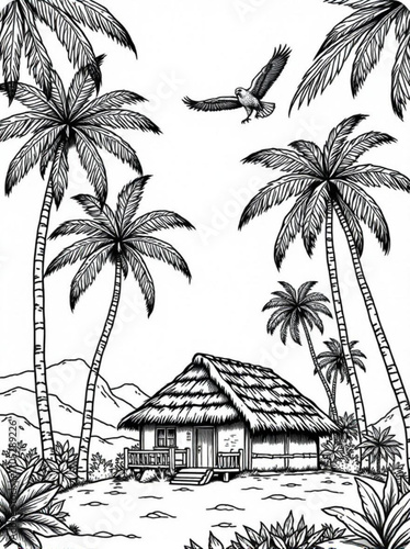 Minimilist tropical island scene with palm trees hut and eagle in black and white line art illustration style vector