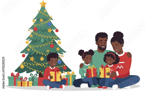 Joyful African American Family Opening Presents by Decorated Christmas Tree.
