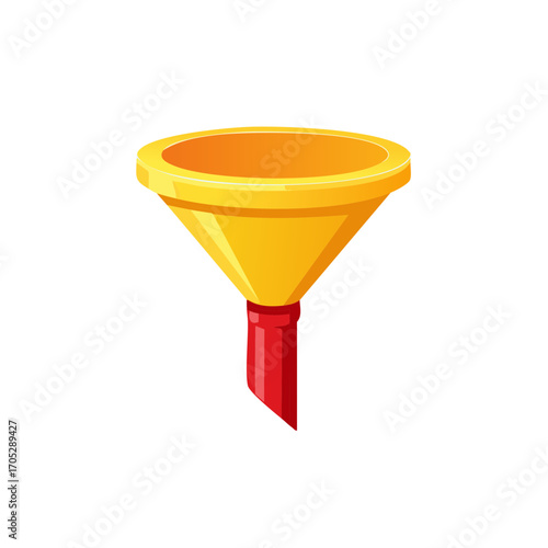 Isolated Yellow and Red Funnel: Liquid Transfer, Filtering Process, Funneling Concept