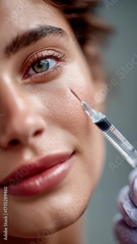 Smiling woman receiving beauty injection in cheek during cosmetic treatment session