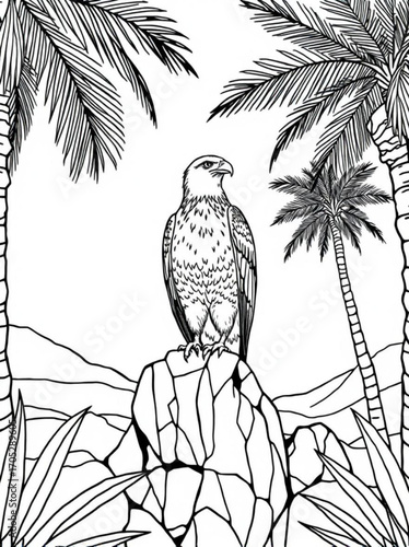 Minimilist eagle perched on a rocky outcrop surrounded by palm trees in a tropical landscape outline drawing vector