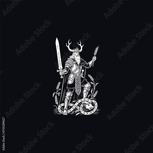 engraving of Freyr, the Norse god of prosperity, holding a shining sword vector template illustration