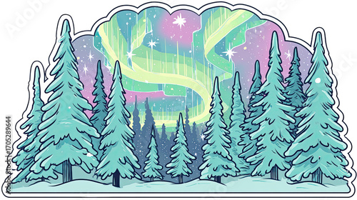 Handdrawn sticker of aurora borealis over a peaceful winter forest