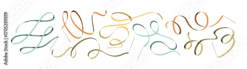 Rhythmic ribbons in flowing patterns, set. Artistic gymnast equipment. Gymnastics sticks, swirls and curls. Acrobatic sport tools for exercising. Flat vector illustration isolated on white background