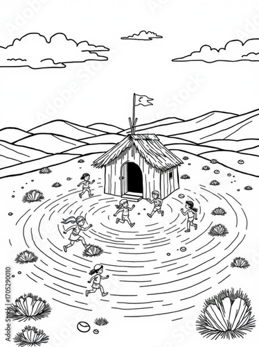 Minimilist children playing around a hut with a flag in a desert landscape under a cloudy sky illustration vector