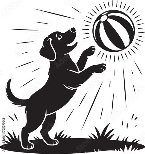 Playful Pup Pursues Striped Sphere Silhouette Illustration on Transparent Backdrop Design