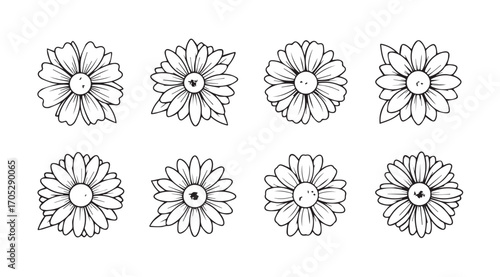 Collection of delicate daisy flower silhouettes in sketchy style