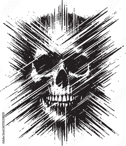  Stylized skull with a grunge effect and motion blur creates an ambient dark aesthetic. Strong contrasts and dynamic lines lend this piece a modern and intense artistic appeal.