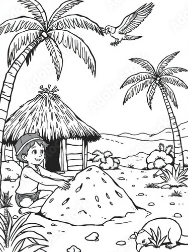 Minimilist illustration of a boy building a sandcastle near a hut with palm trees and a bird flying above him vector