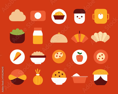 Cute japanese food and objects flat icon set