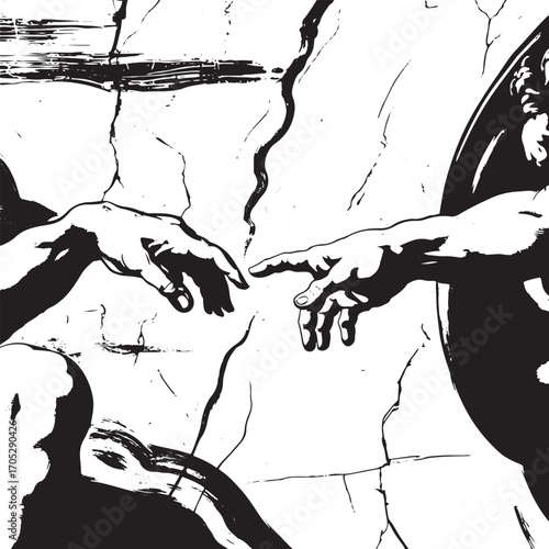 Renaissance Era Creation Scene Depicting Divine Touch and Human Form in Monochrome Art