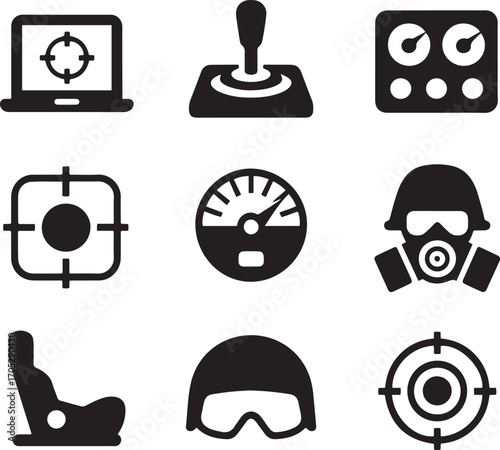 Aircraft Simulation Cockpit Elements Collection Displaying Flight Controls and Instrumentation