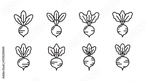 Eight simple outline illustrations of radishes in a silhouette style